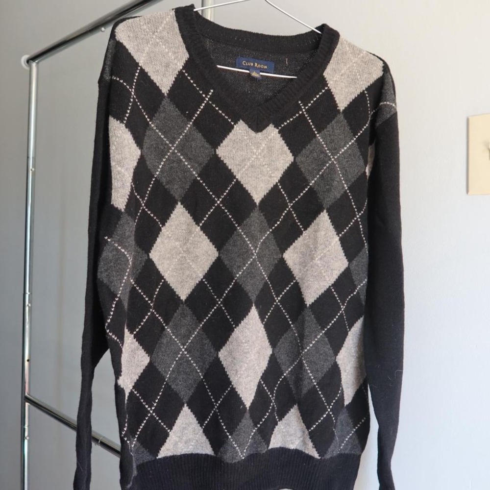 Classic argyle lambs wool sweater in black‎ and grey Dressy Dinner Dance